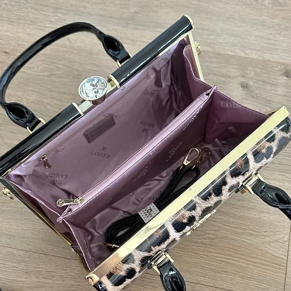 Amazon Leopard Print Satchel with Black and Gold Accents - Picture 6 of 6